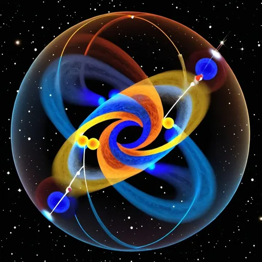 Prompt: Image Description:*

- Generate an image representing a Hopf fibration with:
    - 3-sphere (S3) coordinates: Gravity (x), Weak Nuclear Force (y), Electromagnetism (z), Strong Nuclear Force (w)
    - 2-sphere (S2) coordinates: Orionis A (x), Electrons (y), Orionis D (z), Orionis C (w), Orionis B (v), Quarks (u)
- Combine this with a representation of:
    - 4 types of galaxies (Spiral, Elliptical, Irregular, Dwarf)
    - 4 fundamental forces (Gravity, Weak Nuclear Force, Electromagnetism, Strong Nuclear Force)
    - Trapezium Cluster (Orionis A, B, C, D)

*Image Style:*

- Abstract, conceptual representation
- Colors and shapes can be used to illustrate connections and relationships between the concepts

*Keywords:*

- Hopf fibration
- Fundamental forces
- Galaxies
- Trapezium Cluster
- Celestial bodies
- Particles
- Abstract representation

