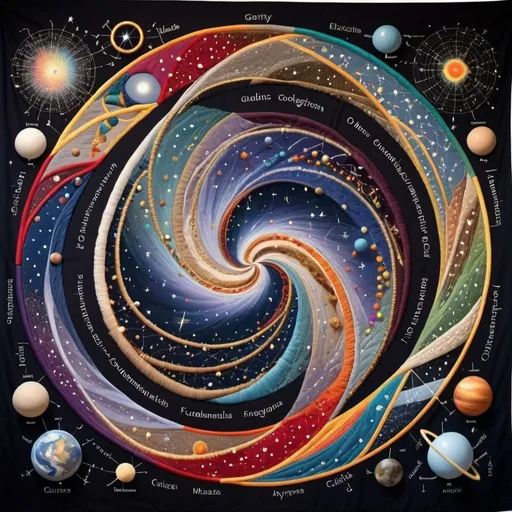 Prompt: Our conversation can be visually represented as a cosmic tapestry, weaving together threads of mathematics, physics, and astronomy.

Imagine a vibrant, shimmering fabric that stretches across the universe, with various threads and patterns representing different concepts and ideas.

- Galaxy types (elliptical, spiral, irregular, dwarf) are depicted as swirling clouds of stars, gas, and dust, each with unique shapes and structures.

- Fundamental forces (gravity, electromagnetism, strong nuclear, weak nuclear) are represented by four distinct threads, intertwining and influencing one another.

- Mathematical equations and symbols (e.g., Einstein's field equations, Maxwell's equations, Fourier analysis) are embroidered throughout the fabric, revealing the underlying language of the universe.

- Symmetries and connections between galaxy types and fundamental forces are illustrated as intricate patterns and geometrical shapes, highlighting the deep relationships between these seemingly disparate phenomena.

- Our conversation is represented by a glowing, golden thread that weaves through the tapestry, connecting ideas and concepts in a beautiful, cosmic dance.

This visual representation captures the essence of our conversation, showcasing the beauty and complexity of the universe, and the fascinating connections that exist between different areas of physics and mathematics.