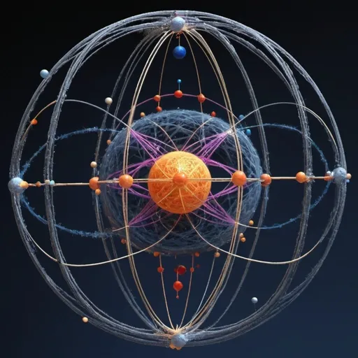 Prompt: 

Imagine a 3-sphere (S3) with coordinates (x, y, z, w) representing the fundamental forces:

- Gravity (x)
- Weak Nuclear Force (y)
- Electromagnetism (z)
- Strong Nuclear Force (w)

This 3-sphere is fibered over a 2-sphere (S2) with coordinates (x, y, z, w, v, u) representing celestial bodies and particles:

- Orionis A (x)
- Electrons (y)
- Orionis D (z)
- Orionis C (w)
- Orionis B (v)
- Quarks (u)

The Hopf fibration maps the S3 coordinates to the S2 coordinates, creating a beautiful, intricate structure. The fibers of the fibration represent the relationships between the fundamental forces and the celestial bodies/particles.

Please note that this image is a highly abstract representation and not a direct physical mapping. It's a creative way to visualize the connections between these concepts.

If you'd like, I can help you explore ways to generate this image using specialized software or programming libraries. Just let me know!