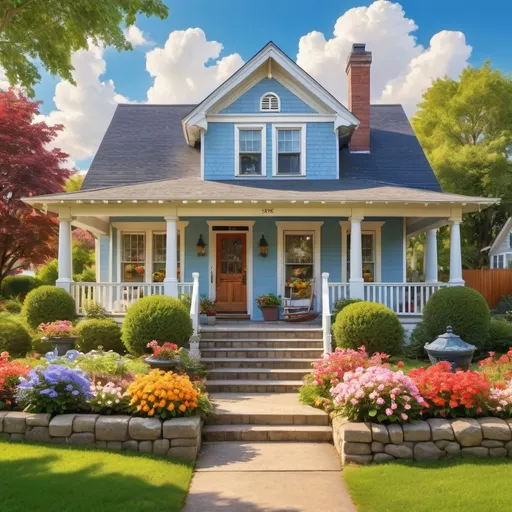 Prompt: (charming house), picturesque setting, well-manicured garden, colorful flowers, warm afternoon sunlight, inviting front porch with rocking chairs, serene atmosphere, cozy neighborhood, contemporary architecture blended with traditional elements, blue sky with fluffy clouds, vibrant colors, ultra-detailed, high definition.