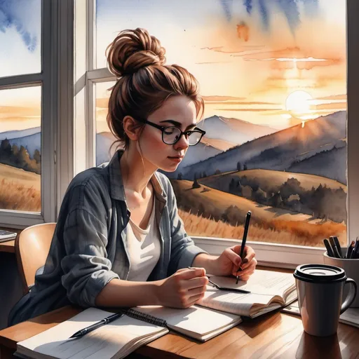 Prompt: woman with a messy bun, glasses, and a cup of coffee, sitting in front of an open window at a desk looking at a notebook with a pen in her hand, hills in the distance with the sun coming up over them watercolour theme