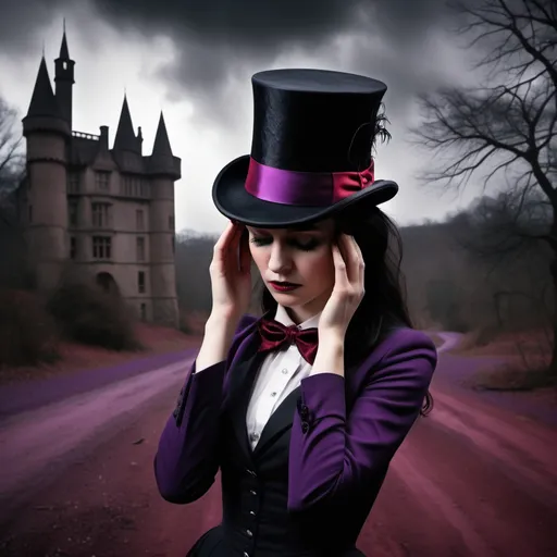 Prompt: A woman with a top hat on places the back of her hand to her forehead, the other hand held up in disgust. Turning away, she can not bear to see something behind the camera. Darkened woods or castle background. Purple red black silver.