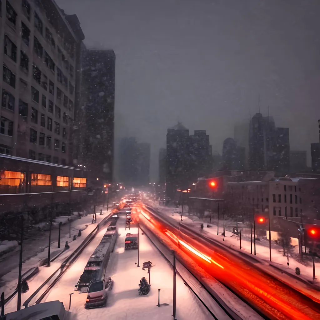 Prompt: Cold snowy day in a big American city, mid sunset, looking out of the window, seeing skyline trains and people in the background.