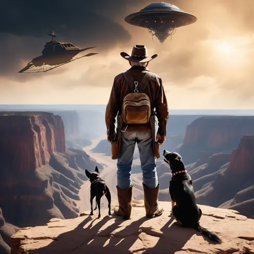 Prompt: Old cowboy with his dog on a top of a canyon watching aliens landing

