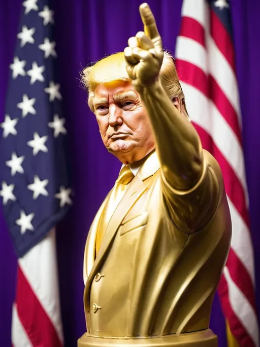 Prompt: Show me a photo of Donald Trump as a gold statue with his left fist raised in the air and a Purple Heart flag behind him