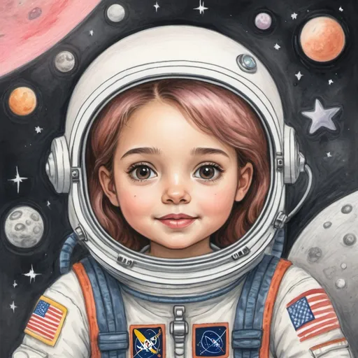 Prompt: Draw a young girl being astronaut in space