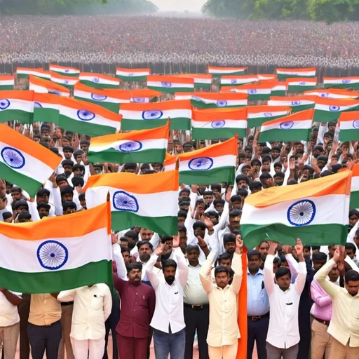 Prompt: All state people standing in front of India flag and saluting the India  national flag and giving respect to the flag