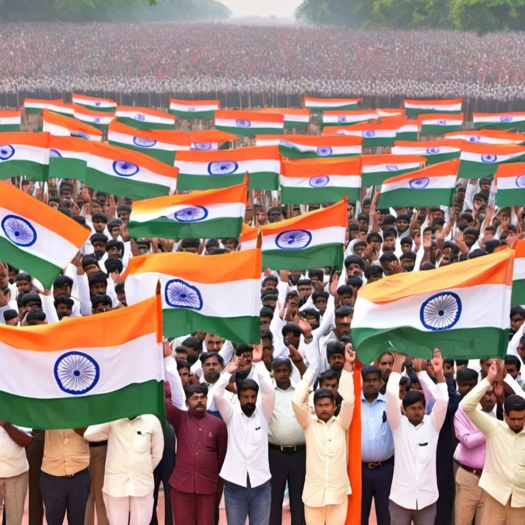 Prompt: All state people standing in front of India flag and saluting the India  national flag and giving respect to the flag