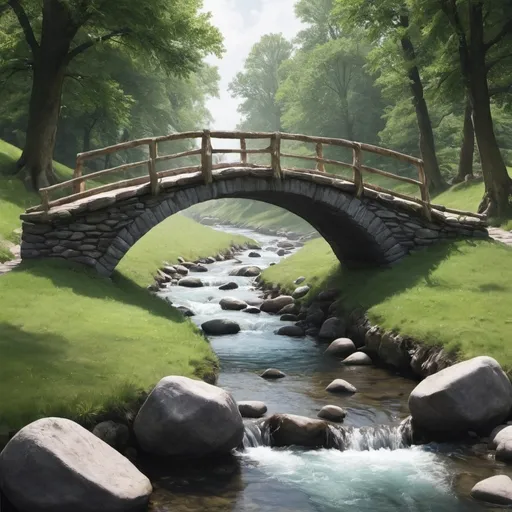 Prompt: Create an Image of an stream and a narrow bridge on it

