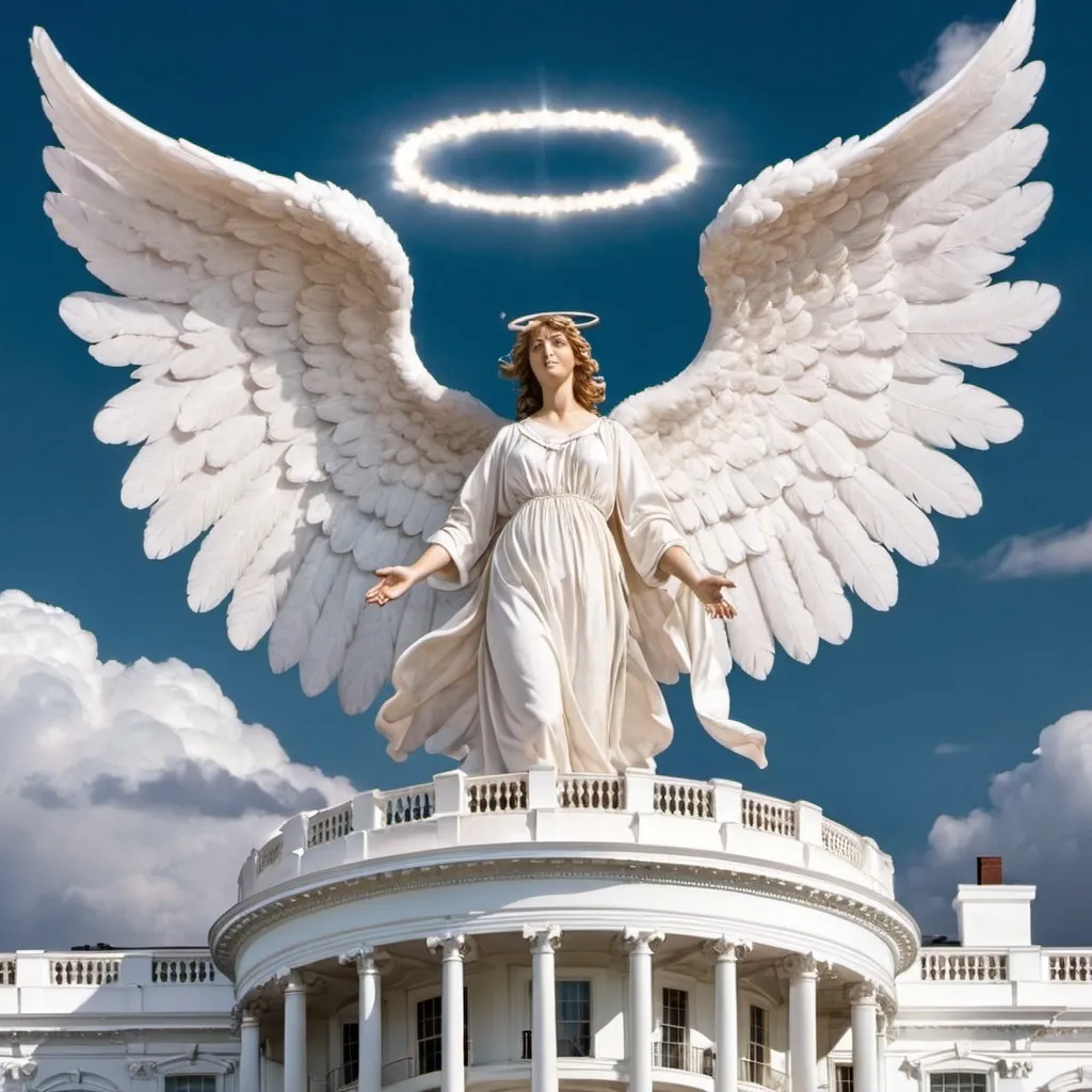 Prompt: an angel above white house