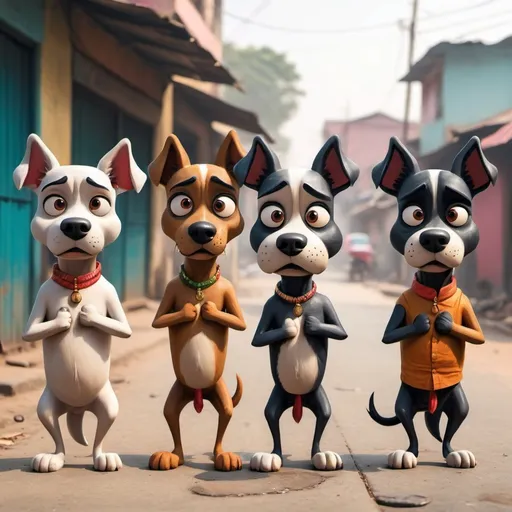 Prompt:  Group of 4 indian street cartoon dogs standing on 2 legs keep stiks in their hands, looking angry