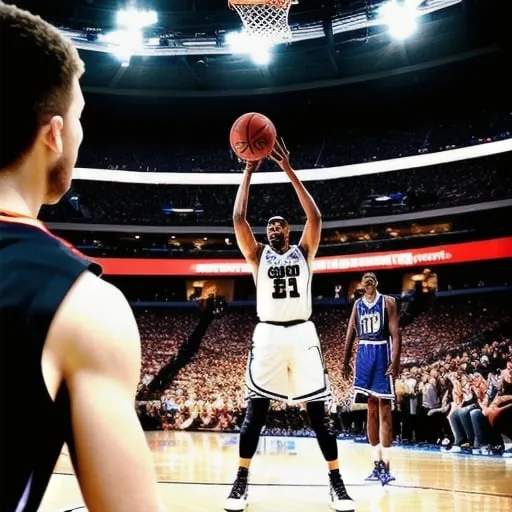 Prompt: A player, from his prespective,  trying to pass a basketball to a teammate in the arena with fans.