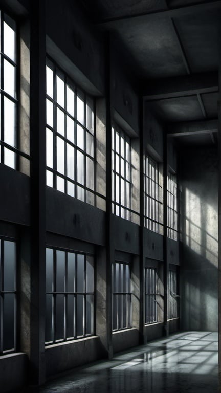 Prompt: Prison covered by glass windows, hidden interior, high-security, dramatic lighting, mysterious atmosphere, detailed architecture, gloomy tones, high quality, 3D rendering, dramatic, mysterious, architectural details, hidden secrets, intense shadows, security, prison, glass walls, concealed interior, highres, gloomy lighting, detailed composition