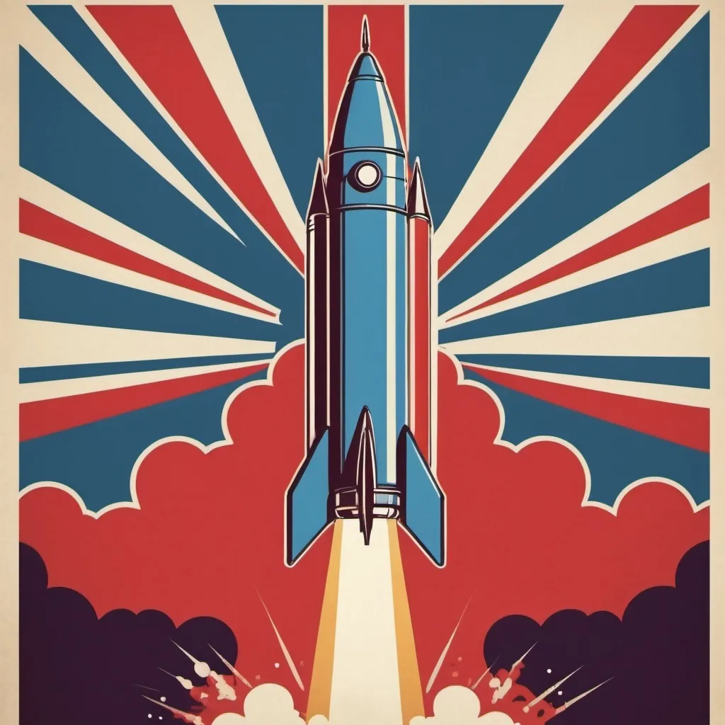 Prompt: create a poster in 70s retro style of Britian's King man and a Rocket blasting off in red and blue without any text