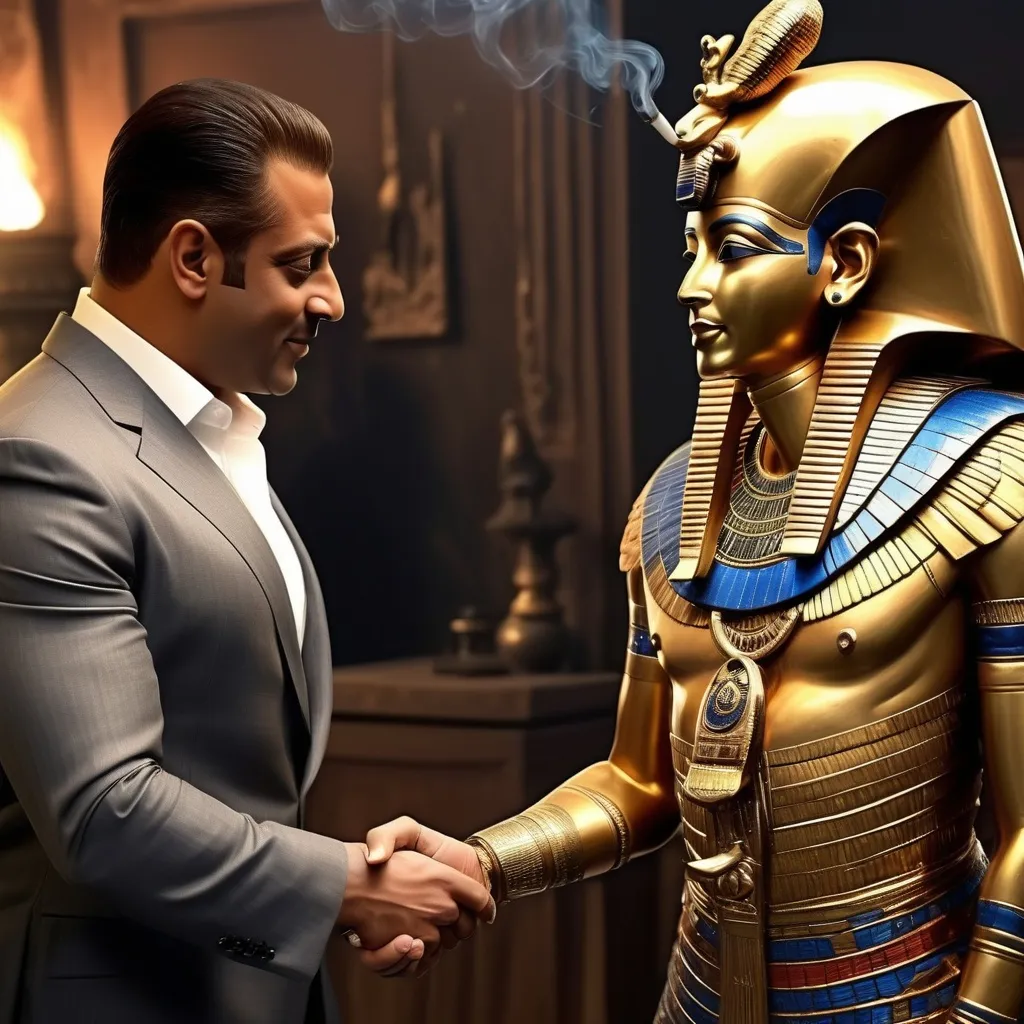 Prompt: Egyptian King Tutankhamun shaking hands with Salman Khan while smoking Cigar