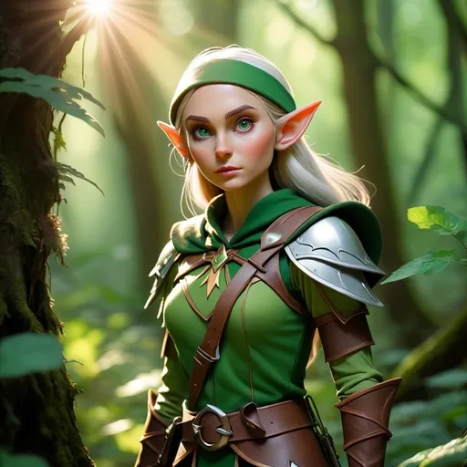 Prompt: Elf ranger in a mystical forest around sunlight