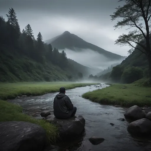 Prompt: a small river is running in a dark and moody forest, a man is sitting by the river in the distance, on some rocks, night approaches and it is foggy, in the background is a big black mountain covered in grass