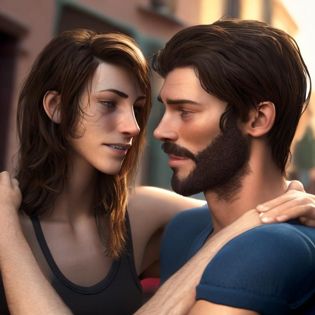 Prompt: A realistic photo of a very handsome German, Irish, English and Native American male at 5' 10" tall, thin muscular mesomorphic body, short-medium dark brown hair with a forward facing hat and stubble facial hair, holding hands with a beautiful woman who is white-skinned Italian-Argentinian woman at 5' 7" tall, thin woman with medium to large sized mammary glands, a small nose, very gorgeous , model like, light brown hair.
