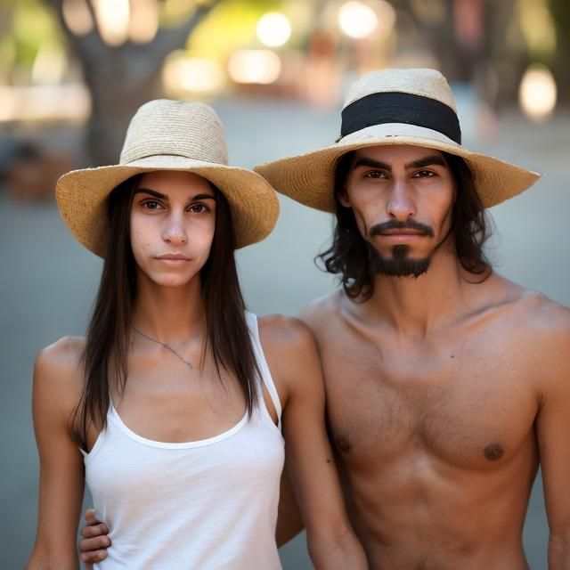 Prompt: A half white and half Native American male at 5' 10" tall, thin mesomorphic body, medium-short hair with a forward facing hat and stubble facial hair, holding hands with a white Italian Argentinian woman at 5' 7" tall, thin woman with medium sized mammary glands, a small nose
