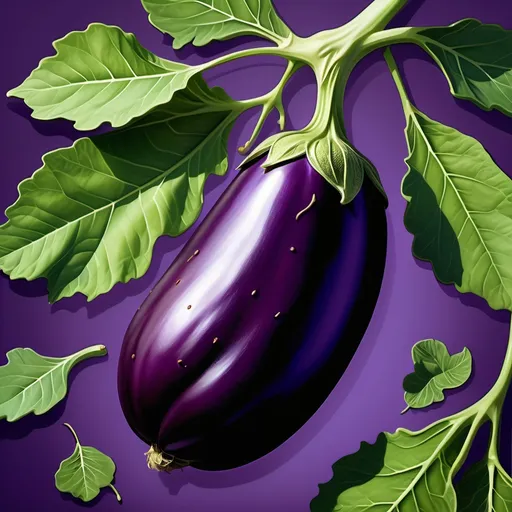 Prompt: (2D) illustration of an eggplant, vibrant purple hues, detailed texture on the surface, rich green leaves, soft shadowing for depth, minimalistic background to emphasize the subject, high contrast to highlight details, artworkstyle Orin reflections on its sheen, appealing and bold composition, ultra-detailed, crisp lines.