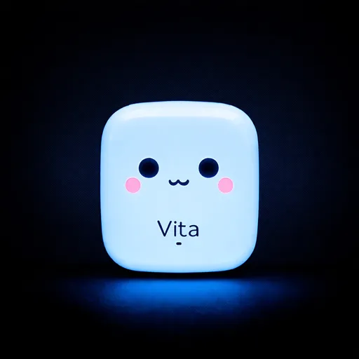 Prompt: A robotic health assistant named Vita. A cute, White smooth cornered rectangle. A blue cute face with dots and can react. 3 symbols at the left near face, battery level, mood and obesity level. these symbols are staying on the robot. Make Vita glowing from the back in a dark place with black background