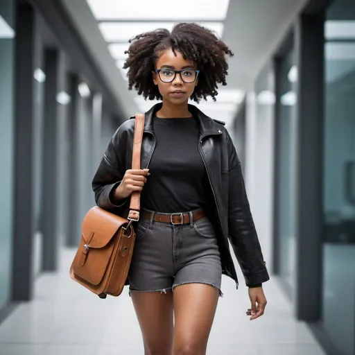 Prompt: Futuristic Black Girl walking with Satchel wearing glasses