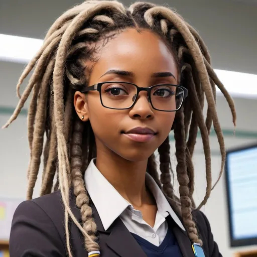 Prompt: Anime of Futuristic Black Female Teacher with thick dreadlocks and glasses