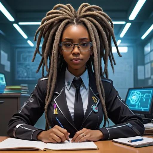 Prompt: Anime of Futuristic Cyberpunk Black Female Teacher with thick dreadlocks and glasses