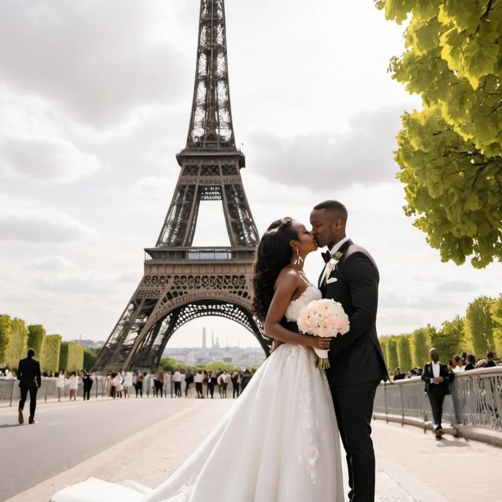 Prompt: Black couple getting married at Eiffel Tower