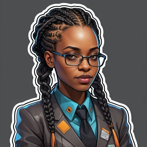 Prompt: Create a sticker of a cyberpunk futuristic black female teacher with braids 