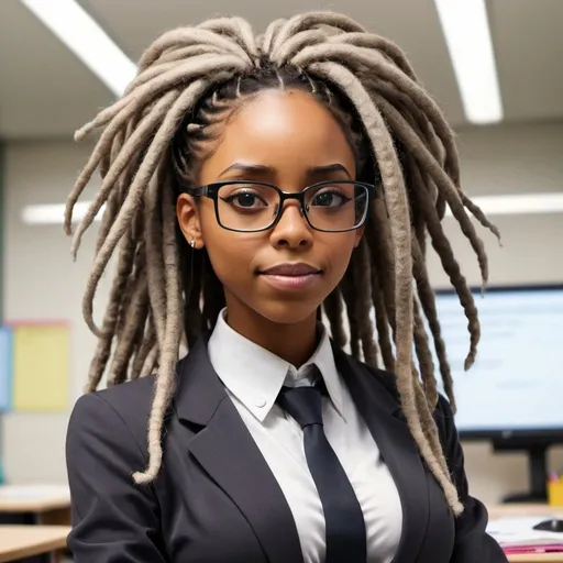 Prompt: Anime of Futuristic Black Female Teacher with thick dreadlocks and glasses