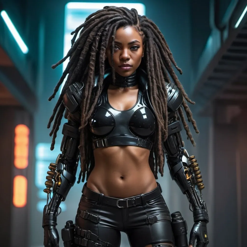 Prompt: Futuristic Cyberpunk Black Female Crime Fighter with thick dredlocs