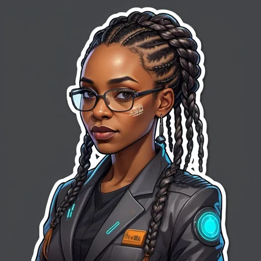 Prompt: Create a sticker of a cyberpunk futuristic black female teacher with braids 