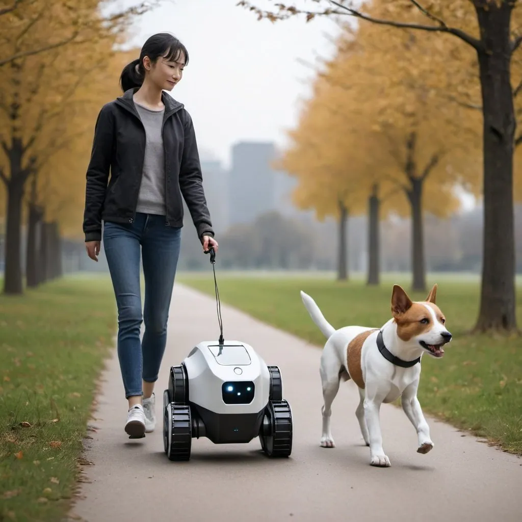 Prompt: A dog and AI robot going for a walk
