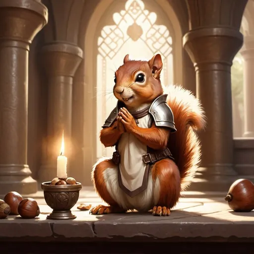 Prompt: Squirrel Paladin praying to the Holy Acorn in a Temple , fantasy character art, illustration, dnd, warm tone