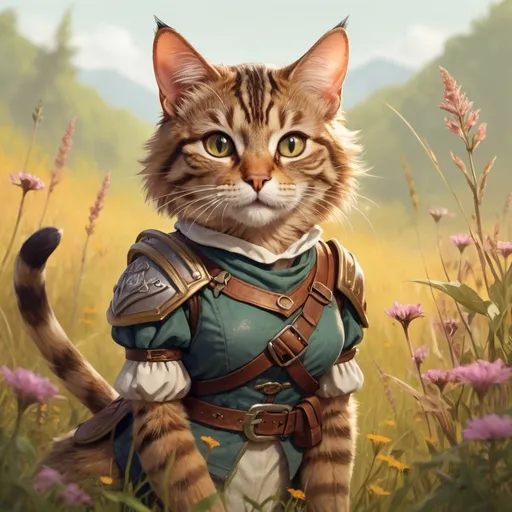Prompt: Female tabby cat ranger in a meadow , fantasy character art, illustration, dnd, warm tone
