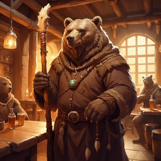 Prompt: Bear druid with a staff in a  tavern, fantasy character art, illustration, dnd, warm tone