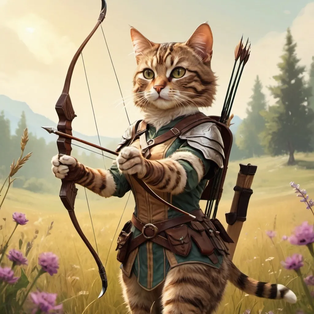 Prompt: Female tabby cat ranger with a longbow in a meadow , fantasy character art, illustration, dnd, warm tone