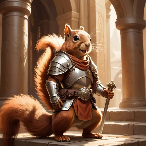 Prompt: Squirrel Paladin with an Acornmace in a Temple , fantasy character art, illustration, dnd, warm tone