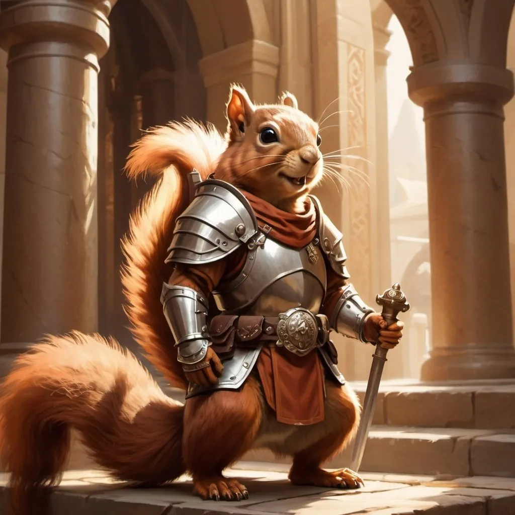 Prompt: Squirrel Paladin with an Acornmace in a Temple , fantasy character art, illustration, dnd, warm tone