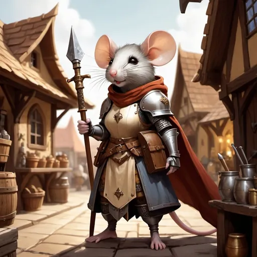 Prompt: Female mouse knight with a warhammer, standing in a near a house at the marketplace , fantasy character art, illustration, dnd, warm tone
