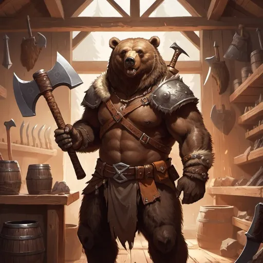 Prompt: Bear warrior with a two handed axe in a weapons shop, fantasy character art, illustration, dnd, warm tone
