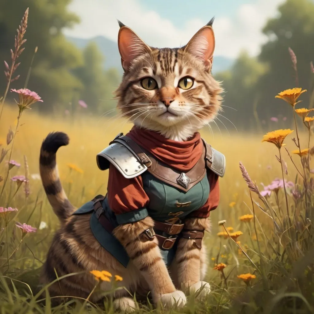 Prompt: Female tabby cat ranger in a meadow , fantasy character art, illustration, dnd, warm tone