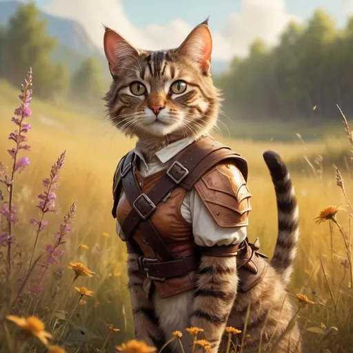 Prompt: Female tabby cat ranger standing in a meadow , fantasy character art, illustration, dnd, warm tone