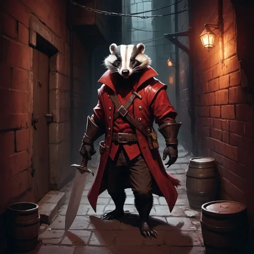 Prompt: Badger rouge with daggers in a dark back alley, fantasy character art, illustration, dnd, warm tone