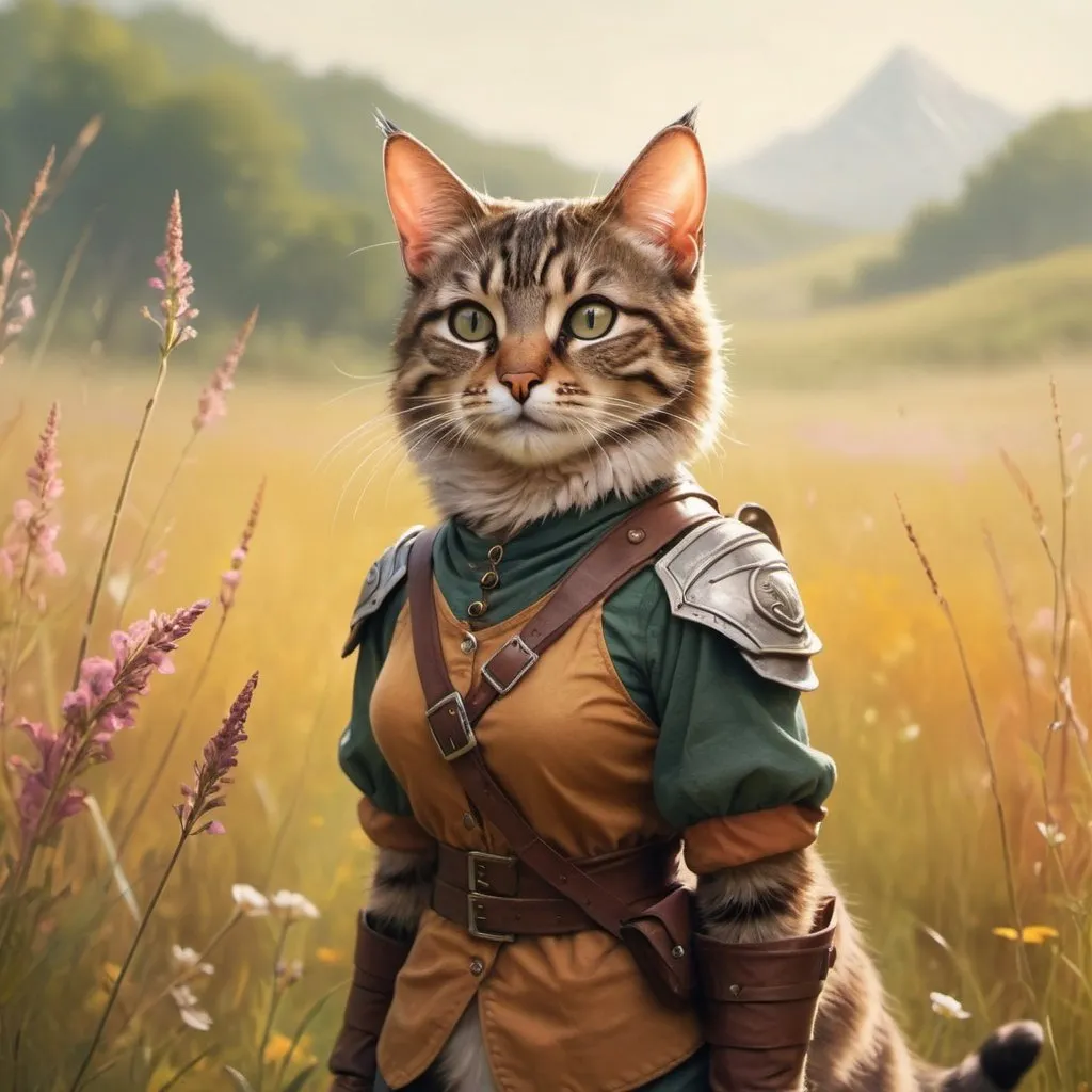 Prompt: Female tabby cat ranger standing in a meadow , fantasy character art, illustration, dnd, warm tone