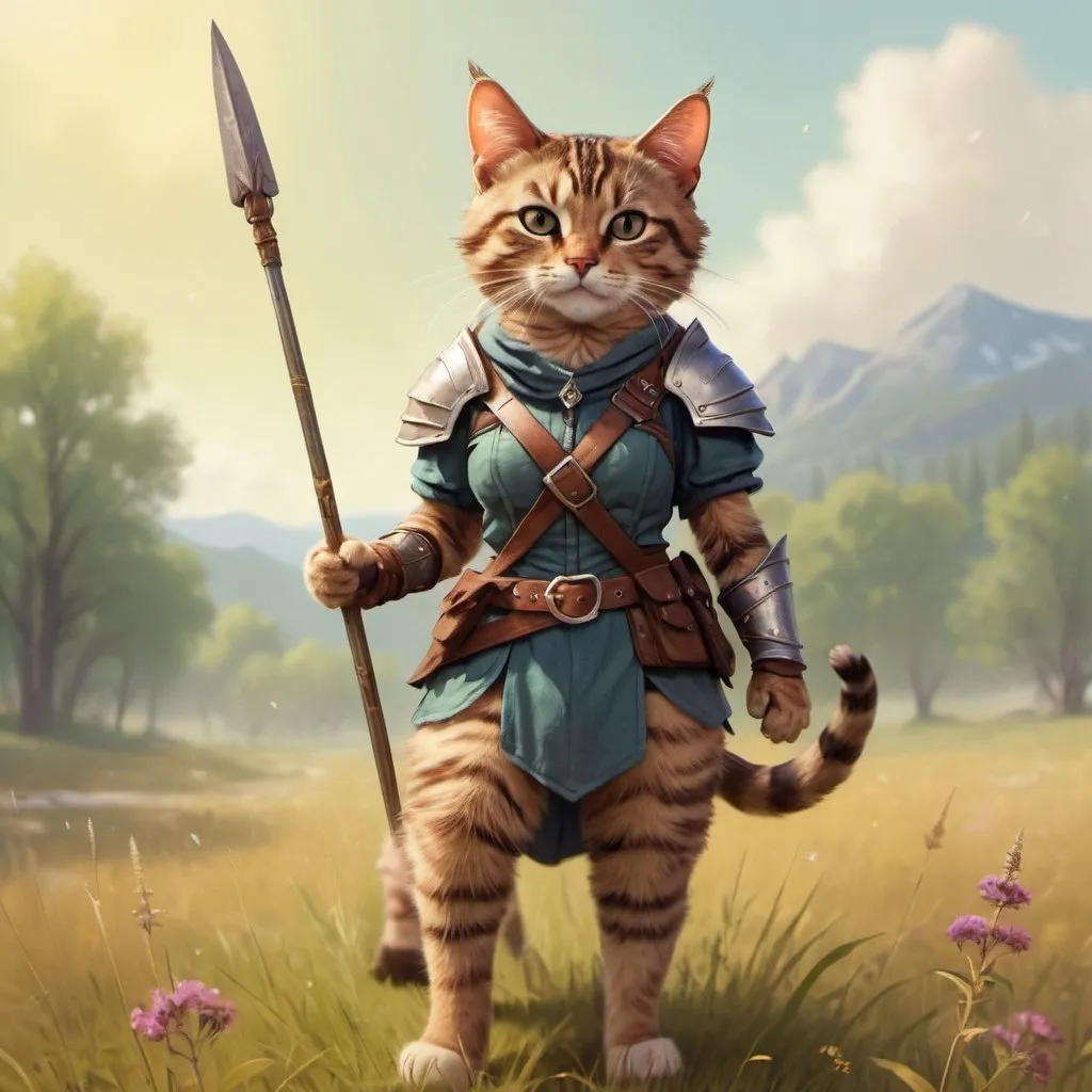 Prompt: Female tabby cat ranger with a spear, standing in a meadow , fantasy character art, illustration, dnd, warm tone