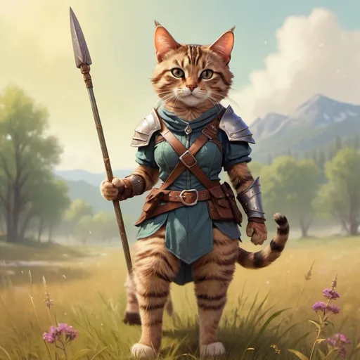 Prompt: Female tabby cat ranger with a spear, standing in a meadow , fantasy character art, illustration, dnd, warm tone