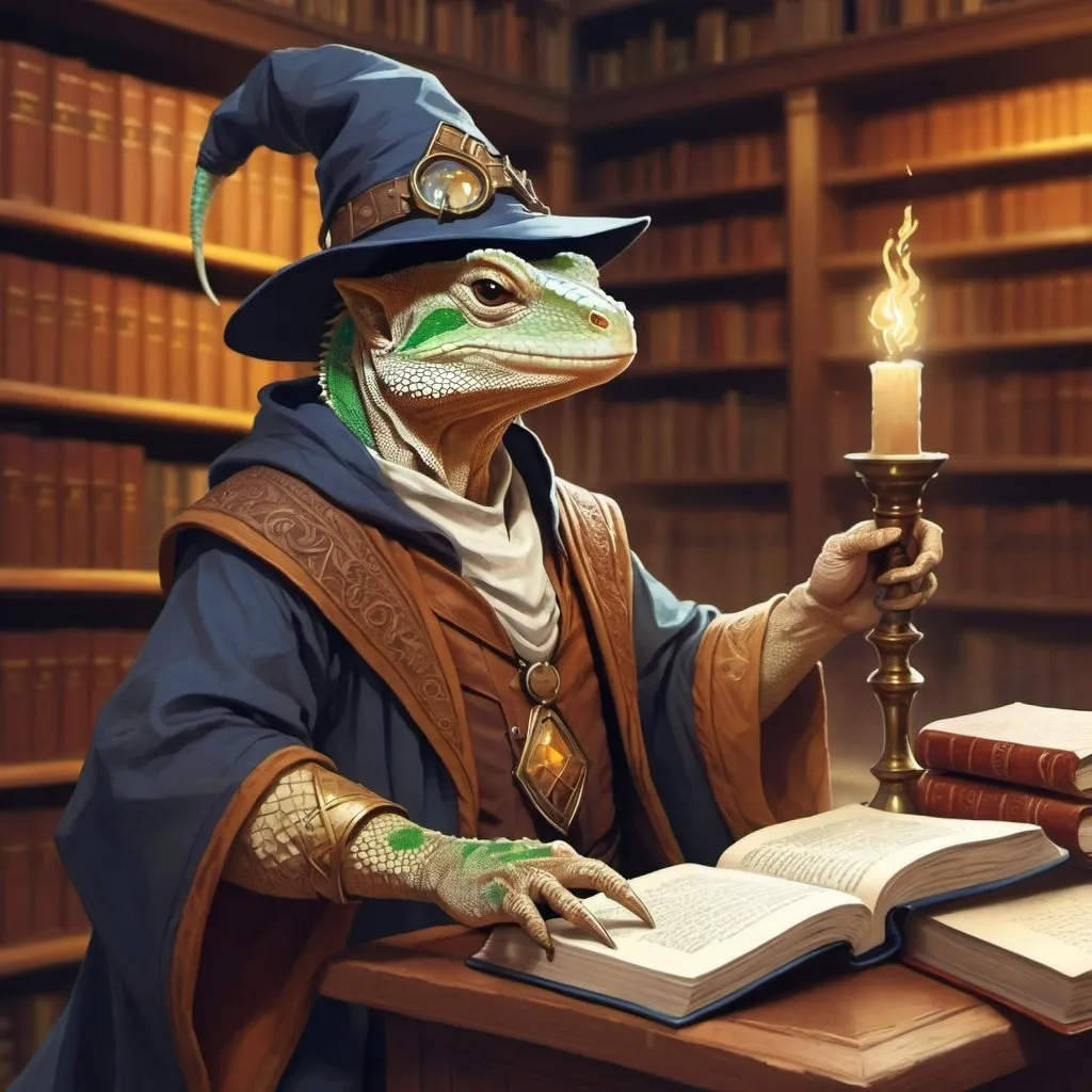 Prompt: Lizard Wizard in a libary , fantasy character art, illustration, dnd, warm tone