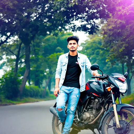 Prompt: Standing confidently beside a motorcycle on a serene, tree-lined road, a young man exudes a casual yet stylish vibe, dressed in a light denim jacket over a black t-shirt, complemented by distressed blue jeans. The bike, predominantly black with eye-catching red accents, is positioned angled slightly toward the viewer, emphasizing its sleek design. Soft, natural light filters through the trees, creating a tranquil atmosphere that contrasts with the motorcycle's vibrant colors, while the surrounding greenery adds a refreshing backdrop. With a contemplative expression, the young man rests one hand on the bike and looks off into the distance, capturing a moment of youthful adventure and freedom. The overall scene conveys a sense of exploration and individuality, illuminated by the calm of an early day outdoors.